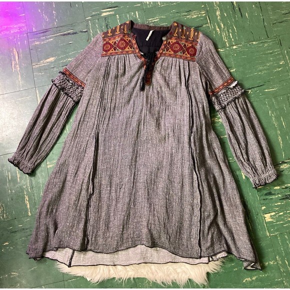Free People XS Ties To Florence Dress Tassle Tie Front Embroidered Tunic Boho - Picture 6 of 12